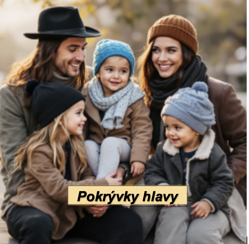 Rodina na procházce, táta máma holčička a chlapeček  všichni mají pokrývku hlavy každý jinou