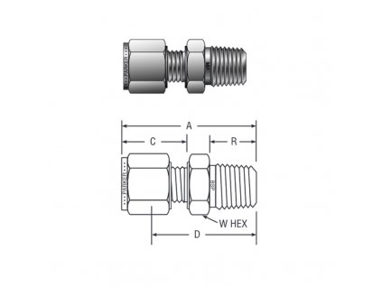 Šroubení Parker A-Lok se závitem 1/4" BSPT pro trubky 12 mm (M12MSC1/4K)
