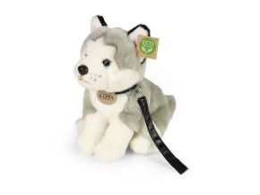 Câine husky de pluș cu lesă 28 cm