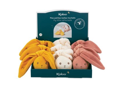 Kaloo Lapinoo Jemná hrkálka v tvare loptičky s uväzovacími ušami (DISPLAY 9 PCS)