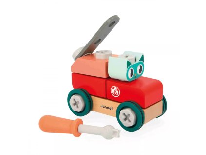 J06452 Janod BricoKids Drevena stavebnica auto s naradim Macka 01
