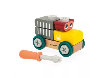 J06458 Janod BricoKids Drevena stavebnica auto s naradim Medved 01