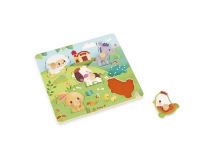 J07129 Janod Farm Drevene vkladacie puzzle s uchytom Zvieratka 01