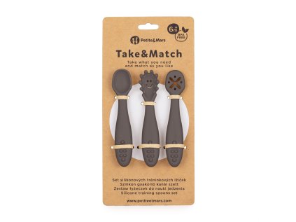 PETITE&MARS Set 3 ks silikónových tréningových lyžičiek Take&Match Bitter Cocoa 6m+
