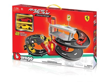 Bburago - FERRARI Race + Play, Garáž a parkovisko s dvoma autíčkami, 1:43