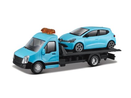 Bburago - STREET FIRE, Flatbed Transport, Car Hauler w/Renault Clio, Odťahovka, modrá, 1:43