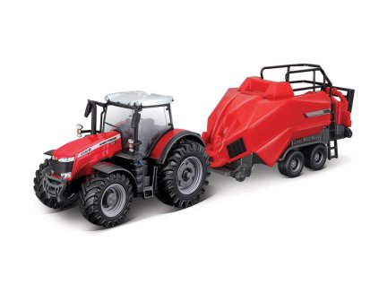 Bburago - FARMLAND, Massey Ferguson 8740S s balíkovačkou, 10 cm