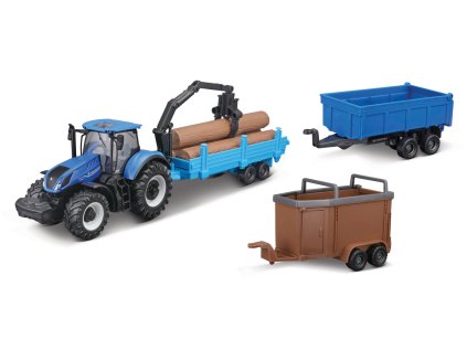 Bburago - FARMLAND, Set New Holland T7.315 HD s tromi prívesmi, 10 cm