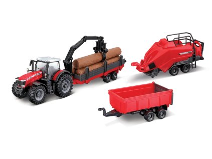 Bburago - FARMLAND, Set Massey Ferguson 8740S s tromi prívesmi, 10 cm