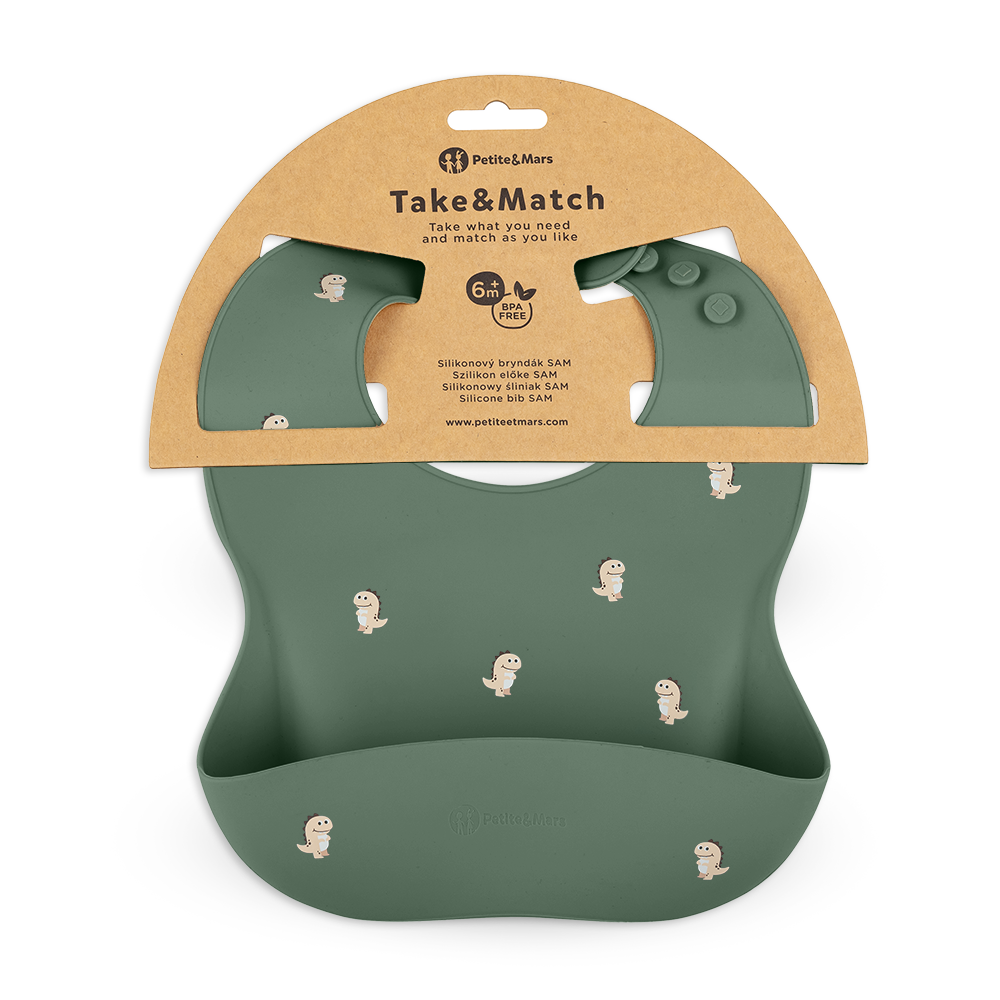 PETITE&MARS Podbradník silikónový Take&Match 6m+ Variant: Green Dinos