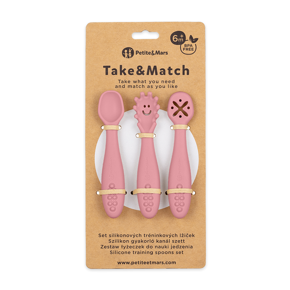 PETITE&MARS Set 3 ks silikónových tréningových lyžičiek Take&Match 6m+ Variant: Dusty rose