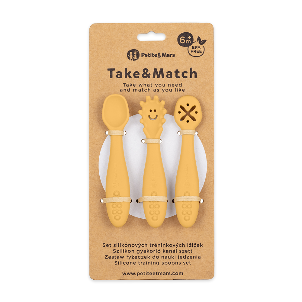PETITE&MARS Set 3 ks silikónových tréningových lyžičiek Take&Match 6m+ Variant: Intense ochre
