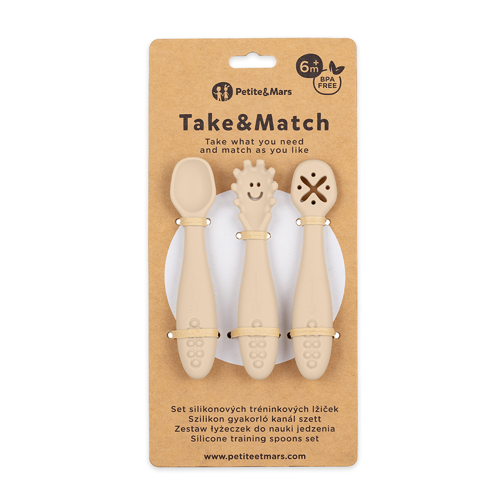 PETITE&MARS Set 3 ks silikónových tréningových lyžičiek Take&Match 6m+ Variant: Desert sand