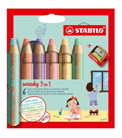 Stabilo Pastelky Woody pastelové a strúhadlo 3in1 6ks