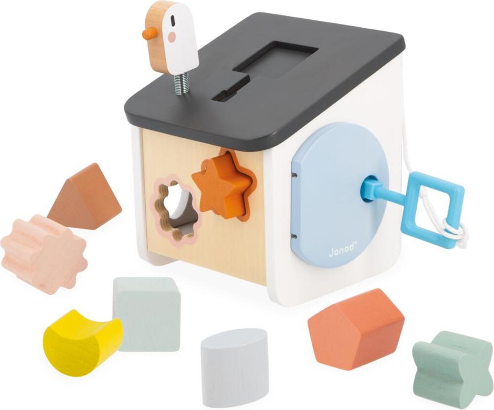 Janod Sweet Cocoon Drevená motorická hračka triedenie tvary a farby Vtáčia búdka
