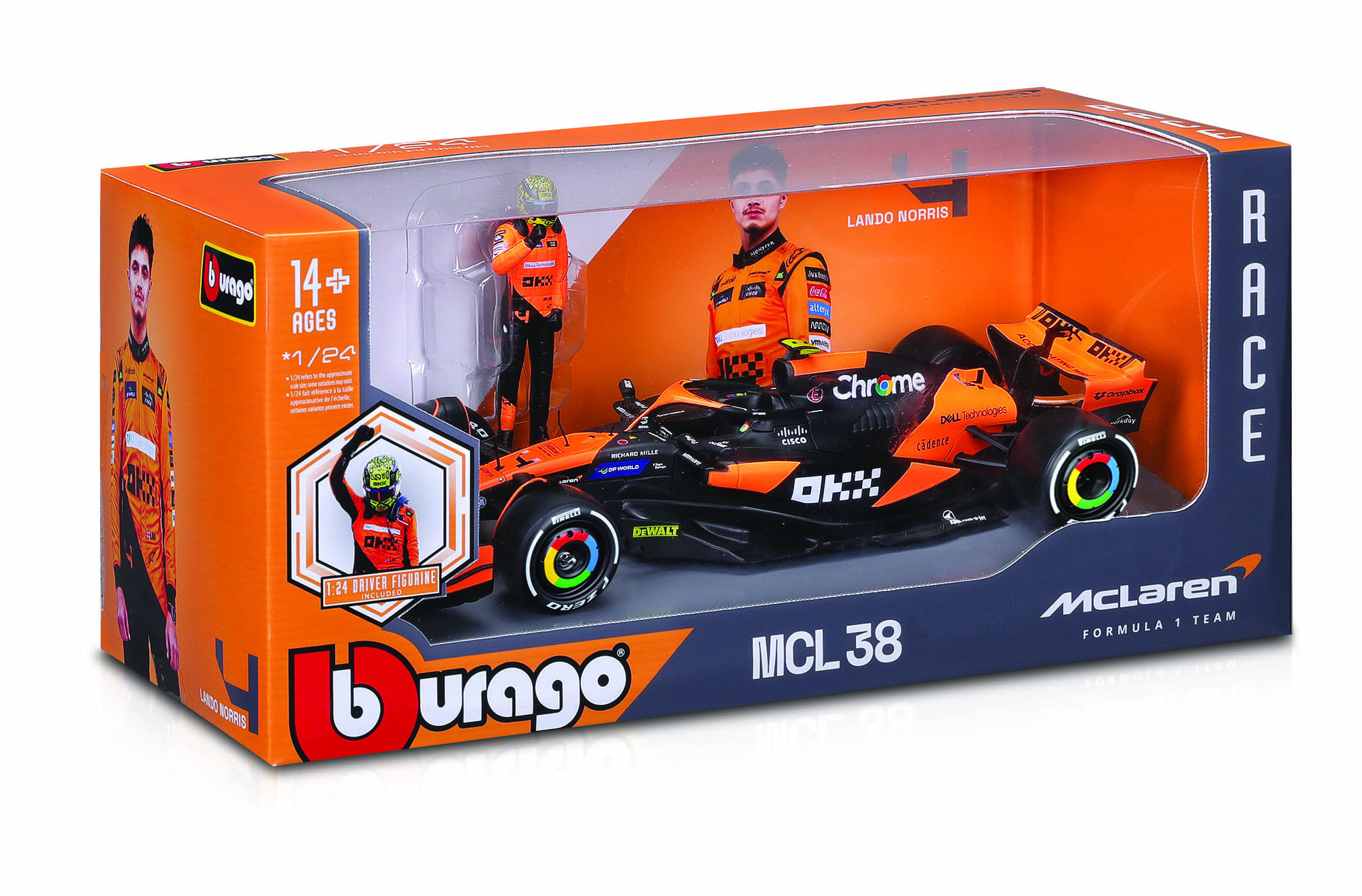 Bburago 1:24 RACE Formula F1 - McLaren F1 Team MCL38 (2024) #4 (Lando Norris) -with driver