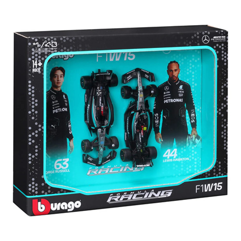 Bburago 1:43 RACE Formula F1 2PAC Mercedes-AMG F1 W15 (2024) #44 L.Hamil ton #63 G.Russel