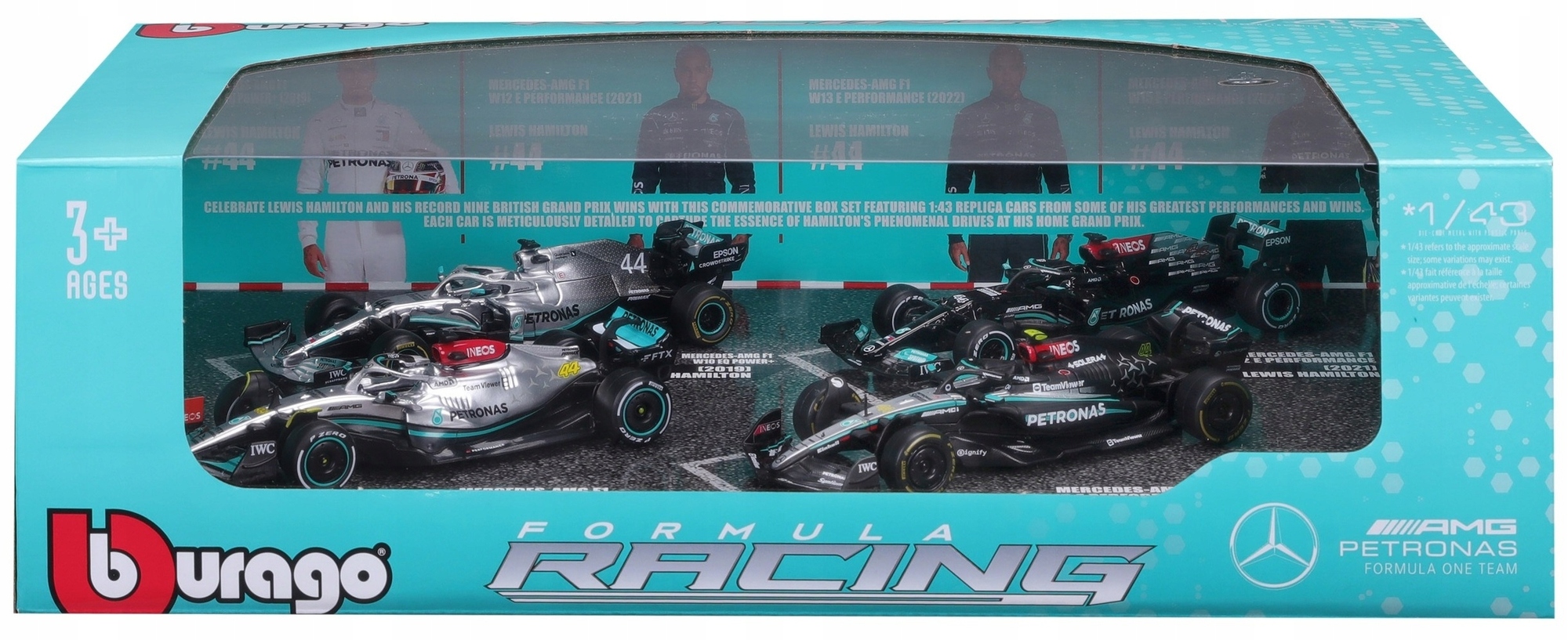 Bburago 1:43 RACE Formula F1 4PAC Mercedes-AMG F1 W15 (2024) #44 L.Hamil ton #63 G.Russel