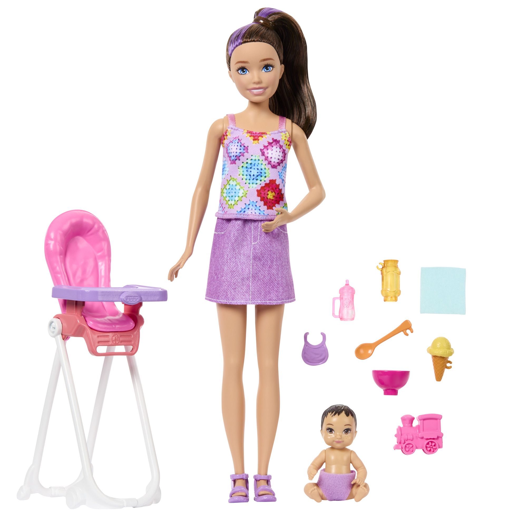 Mattel Barbie SKIPPER BABYSITTER pestúnka s jedálnou stoličkou