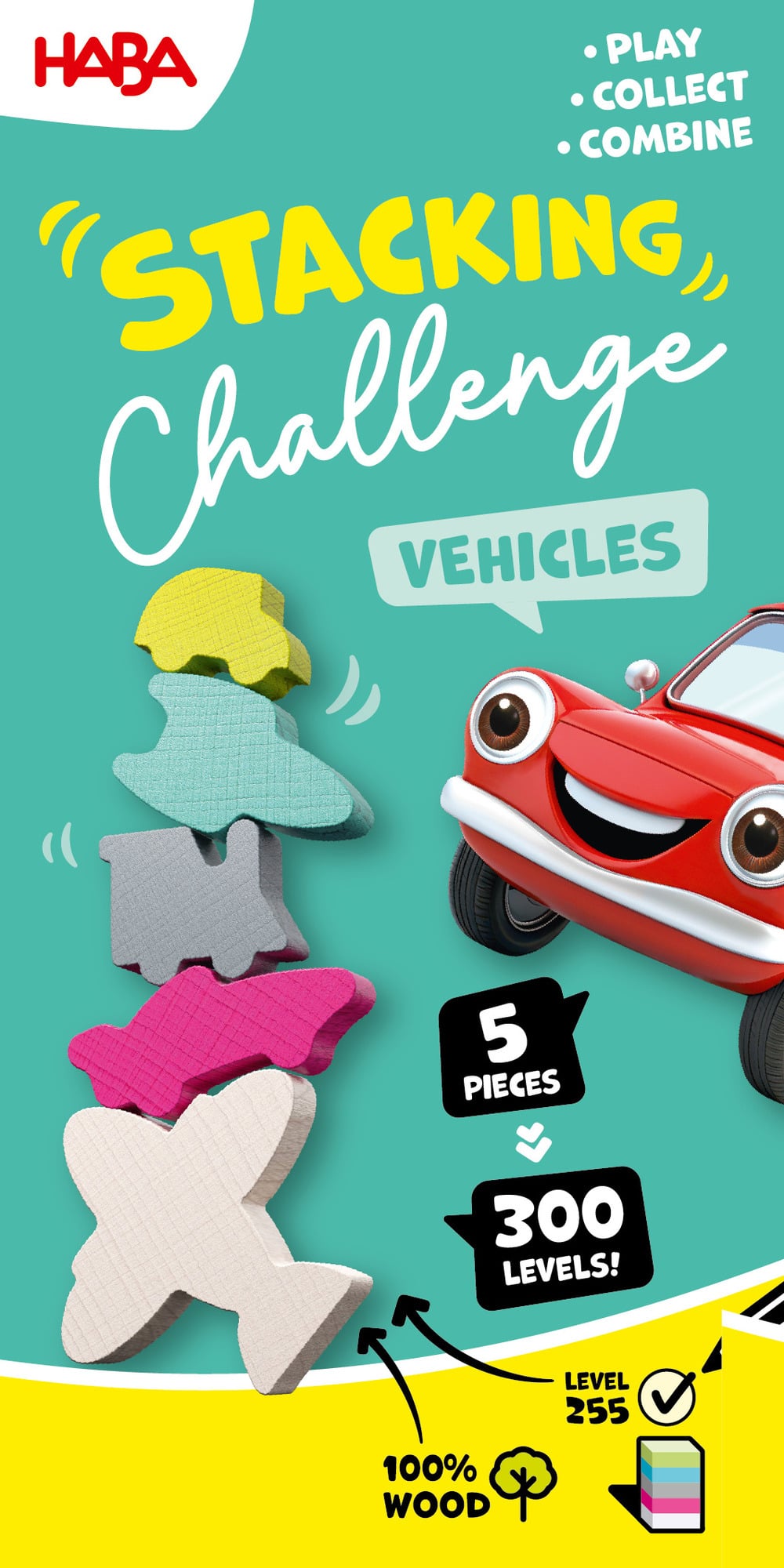 Haba Dynamická zábavná hra Stacking Challenge Doprava 5 figúrok 300 zadaní