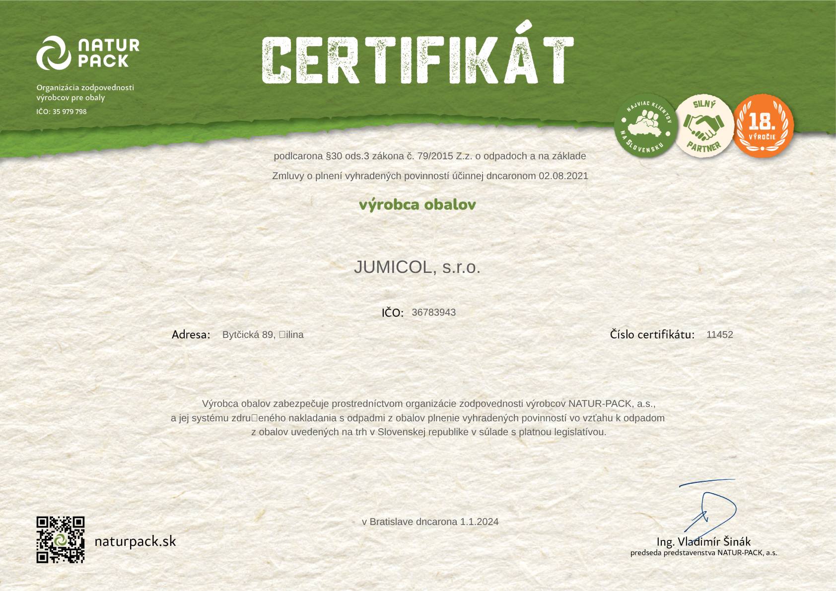 Certifikát - Výrobca obalov