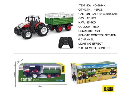 Červený R/C traktor s prívesom 1:24