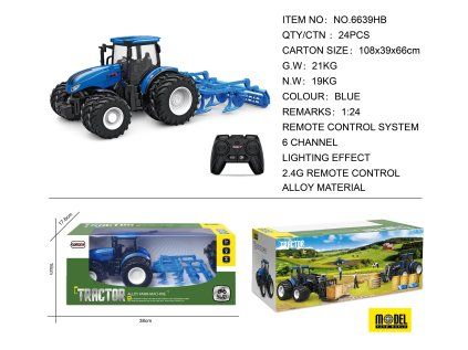 Modrý RC traktor s pluhom na diaľkové ovládanie