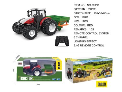 Červený R/C traktor so sejačkou