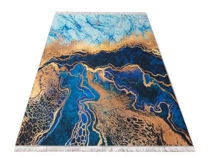 Modrý koberec so zlatým abstraktným vzorom Horeca-New 111S