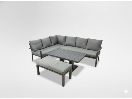 Hliníkový nábytkový set (rohová pohovka + taburet + stolík) sivá + sivé vankúše *9422