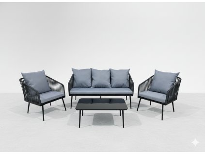 SÚPRAVA ZÁHRADNÉHO NÁBYTKU Z TKANÉHO LANÁ (2 KRESLÁ + SOFA + STÔL) – ANTRACITOVÁ, VANKÚŠE – ŠEDÁ *8500