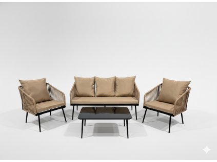 SÚPRAVA ZÁHRADNÉHO NÁBYTKU Z TKANÉHO LANÁ (2 KRESLÁ + SOFA + STÔL) – BEŽOVÁ, VANKÚŠE – BEŽOVÁ *8517