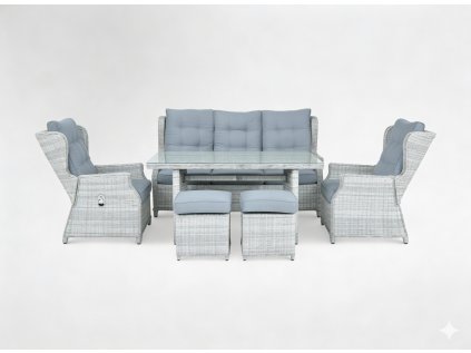 SÚPRAVA ZÁHRADNÉHO NÁBYTKU Z HLINÍKA A RATANU (SOFA + STÔL + 2 KRESLÁ + 2 TABURETY) ŠEDÁ + ŠEDÉ VANKÚŠE *0404