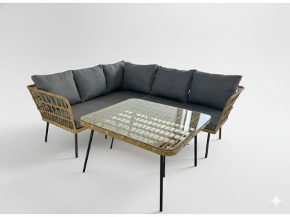 ZÁHRADNÝ NÁBYTOK (ROHOVÁ SEDACIA SÚPRAVA, STÔL) – HNEDÁ, VANKÚŠE – ŠEDÁ *3354