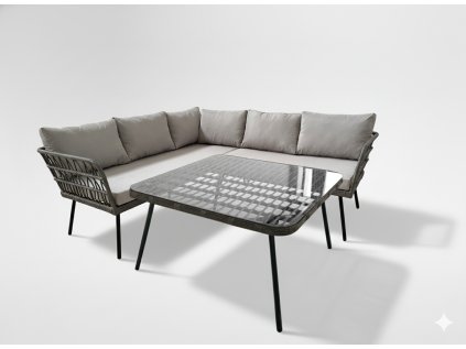 ZÁHRADNÝ NÁBYTOK (ROHOVÁ SEDACIA SÚPRAVA, STÔL) – ŠEDÁ, VANKÚŠE – ŠEDÁ *3385