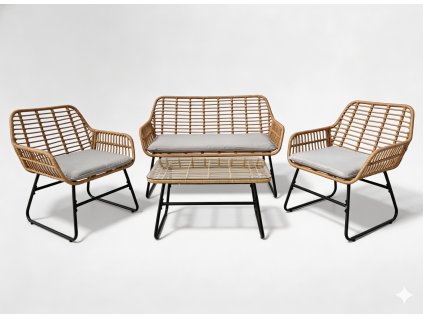 ZÁHRADNÝ NÁBYTOK (SOFA, 2 STOLIČKY, STÔL) – HNEDÝ, VANKÚŠE – ŠEDÉ *3422