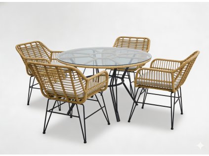 ZÁHRADNÝ NÁBYTOK (STÔL, 4 STOLIČKY) – HNEDÝ, VANKÚŠE – ŠEDÉ *7503