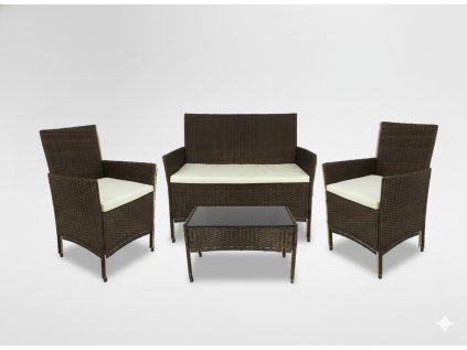 SÚPRAVA RATANOVÉHO NÁBYTKU (SOFA, 2 KRESLÁ, LAVICA) HNEDÁ + KRÉMOVÁ. POD. *1408