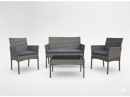 SÚPRAVA RATANOVÉHO NÁBYTKU (SEDAČKA, 2 KRESLÁ, LAVICA) ŠEDÁ *3477