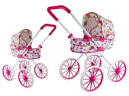 Retro veľký kočiar pre bábiky na hlbokých kolieskach s kvetmi