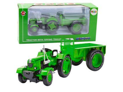 Kovový poľnohospodársky traktor s prívesom, zelený 1:18