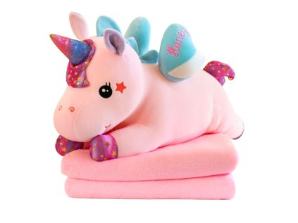 Plyšový maskot jednorožec s dekou 160 x 110 cm Ružová 55cm