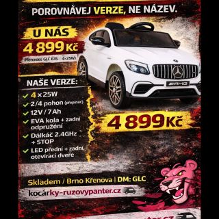 LEVNEJŠÍ? Porovnávej verze, ne jen název. Mercedes GLC 63S u nás za 4 899 Kč ✅ ✅ 4×25W ✅ 2/4 pohon (přepínač) ✅ 12V / 7Ah...