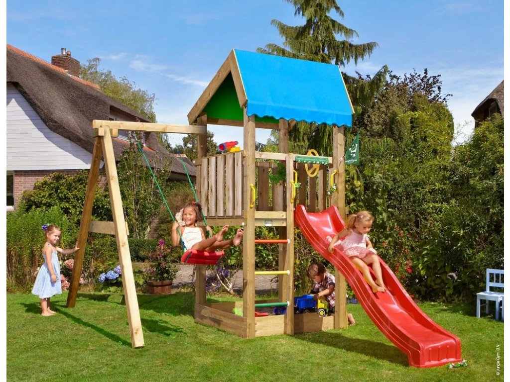 Hřiště Jungle Home s modulem 1 Swing Frame 2.0 kompletní sestava včetně skluzavky