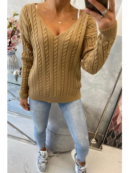 eng pl Braided sweater with V neck camel 16048 4
