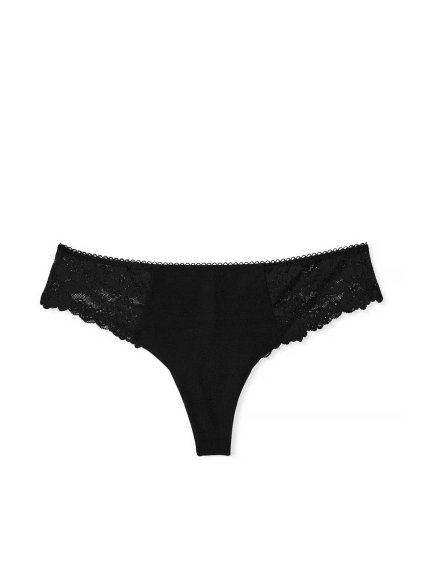 PINK Victoria's Secret černá bezešvá no-show tanga s krajkou