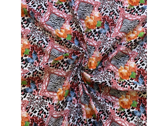 V1026 Bavlněné plátýnko letní motýlci a růže