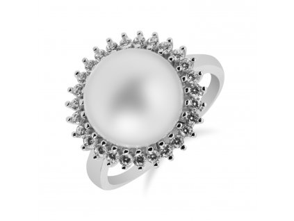 Luxusní stříbrný prsten s velkou perlou a kyticí zirkonů - Meucci SP40R