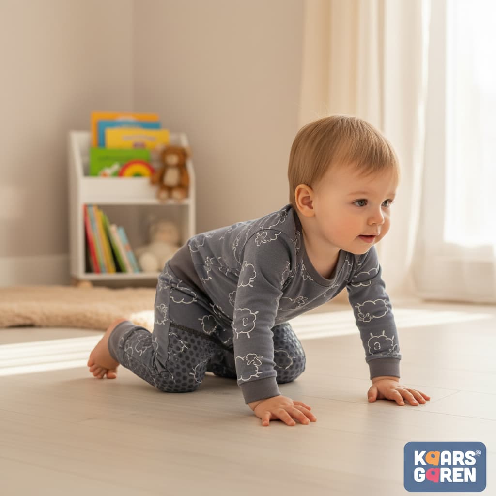 dieťa lezie po podlahe v protišmykových nohaviciach