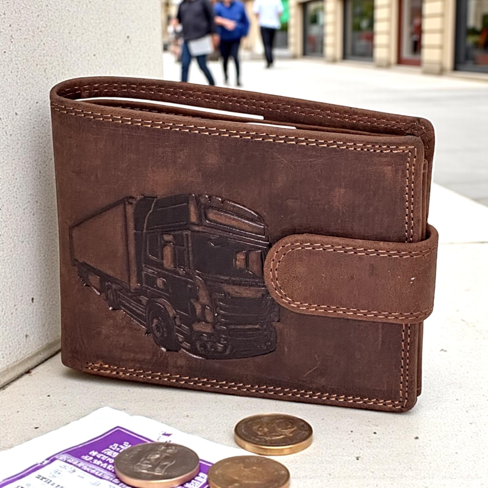 Pánska kožená peňaženka hnedá s motívom kamióna – pravá koža, zapínanie na cvok